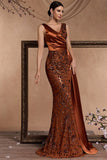 Robe formelle sirène marron à sequins à col en V avec banderole latérale