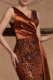 Robe formelle sirène marron à sequins à col en V avec banderole latérale