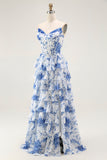 Bleu Blanc Fleur A-ligne Tiered Corset Robe Longue de soirée Avec Fente