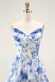 Bleu Blanc Fleur A-ligne Tiered Corset Robe Longue de soirée Avec Fente