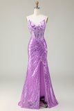 Sirène scintillante violet Corset Applique Robe de soirée avec fente