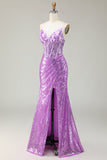Sirène scintillante violet Corset Applique Robe de soirée avec fente
