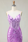 Sirène scintillante violet Corset Applique Robe de soirée avec fente