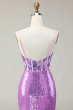 Sirène scintillante violet Corset Applique Robe de soirée avec fente