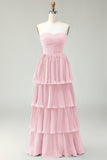 Robe de demoiselle d’honneur longue sans bretelles plissée à plusieurs niveaux rose poudré rose poudré