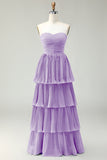 Robe de demoiselle d’honneur longue sans bretelles plissée à plusieurs niveaux rose poudré rose poudré