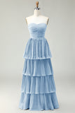 Robe de demoiselle d’honneur longue sans bretelles plissée à plusieurs niveaux rose poudré rose poudré