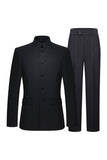 Costume 2 pièces à col mao noir à simple boutonnage slim fit pour hommes