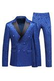 Peak Lapel Jacquard 2 pièces bleu double boutonnage Costumes pour hommes