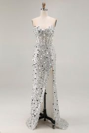 Robe de soirée longue sirène corset sans bretelles argentée scintillante avec fente