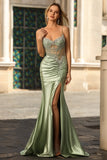 Robe de soirée en satin vert corset à bretelles fines robe de fête