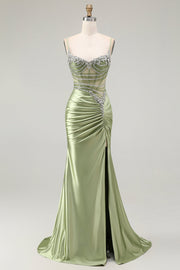 Robe de soirée en satin froncé corset sirène verte avec fente