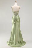 Robe de soirée en satin froncé corset sirène verte avec fente