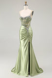 Robe de soirée en satin froncé corset sirène verte avec fente