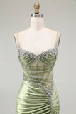 Robe de soirée en satin froncé corset sirène verte avec fente