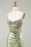 Robe de soirée en satin froncé corset sirène verte avec fente