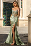 Robe de soirée en satin vert corset à bretelles fines robe de fête