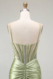 Robe de soirée en satin froncé corset sirène verte avec fente