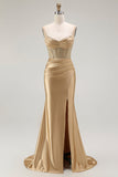 Sirène dorée Spaghetti bretelles Corset Robe de soirée longue plissée avec fente