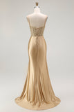 Sirène dorée Spaghetti bretelles Corset Robe de soirée longue plissée avec fente