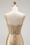 Sirène dorée Spaghetti bretelles Corset Robe de soirée longue plissée avec fente