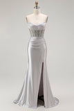 Sirène dorée Spaghetti bretelles Corset Robe de soirée longue plissée avec fente