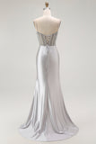 Sirène dorée Spaghetti bretelles Corset Robe de soirée longue plissée avec fente