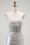 Sirène dorée Spaghetti bretelles Corset Robe de soirée longue plissée avec fente