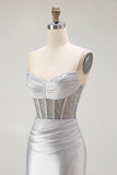 Sirène dorée Spaghetti bretelles Corset Robe de soirée longue plissée avec fente
