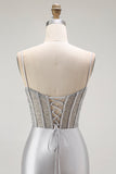 Sirène dorée Spaghetti bretelles Corset Robe de soirée longue plissée avec fente