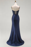 Sirène dorée Spaghetti bretelles Corset Robe de soirée longue plissée avec fente