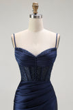 Sirène dorée Spaghetti bretelles Corset Robe de soirée longue plissée avec fente