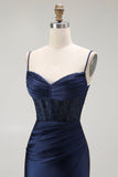 Sirène dorée Spaghetti bretelles Corset Robe de soirée longue plissée avec fente