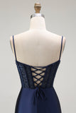 Sirène dorée Spaghetti bretelles Corset Robe de soirée longue plissée avec fente