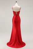 Sirène dorée Spaghetti bretelles Corset Robe de soirée longue plissée avec fente