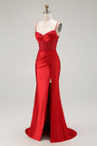 Sirène dorée Spaghetti bretelles Corset Robe de soirée longue plissée avec fente