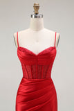 Sirène dorée Spaghetti bretelles Corset Robe de soirée longue plissée avec fente