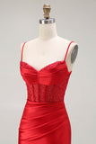 Sirène dorée Spaghetti bretelles Corset Robe de soirée longue plissée avec fente