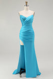 Robe de soirée longue plissée plissée sirène sirène bleue scintillante avec fente