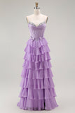 Violet A-ligne perlé Corset à volants Robe de soirée longue avec lacets dans le dos