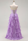 Violet A-ligne perlé Corset à volants Robe de soirée longue avec lacets dans le dos