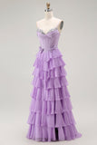 Violet A-ligne perlé Corset à volants Robe de soirée longue avec lacets dans le dos