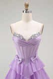 Violet A-ligne perlé Corset à volants Robe de soirée longue avec lacets dans le dos