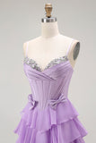 Violet A-ligne perlé Corset à volants Robe de soirée longue avec lacets dans le dos
