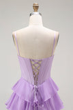 Violet A-ligne perlé Corset à volants Robe de soirée longue avec lacets dans le dos