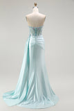 Robe de soirée longue perlée corset sirène vert clair avec banderole