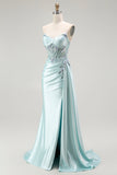 Robe de soirée longue perlée corset sirène vert clair avec banderole