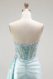 Robe de soirée longue perlée corset sirène vert clair avec banderole