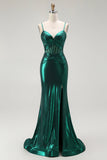 Vert foncé Sirène Métallisé Plissé Corset Longue Robe de soirée Avec Fente