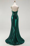 Vert foncé Sirène Métallisé Plissé Corset Longue Robe de soirée Avec Fente